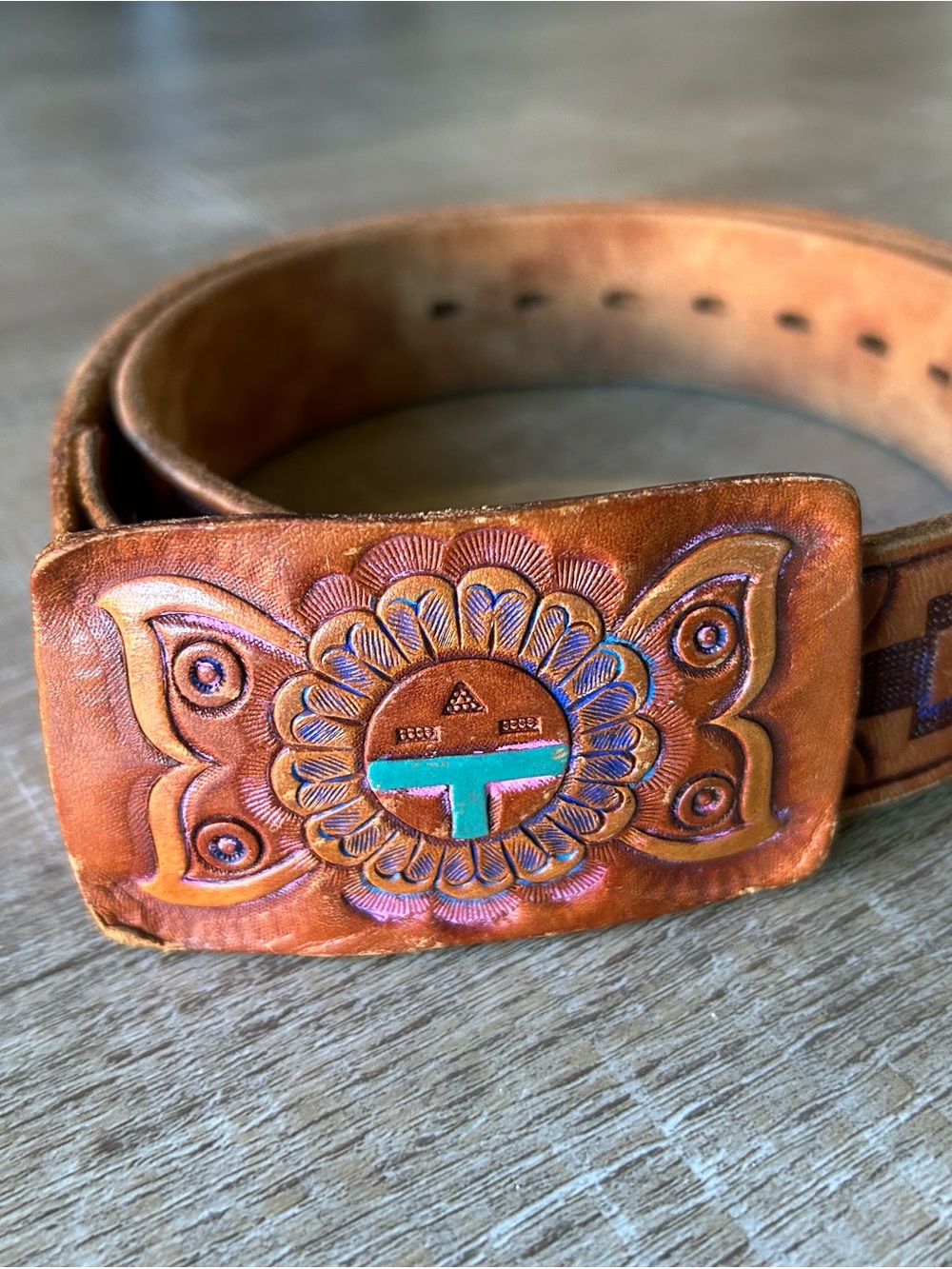 Vintage Tooled Leather Belt Southwestern Turquoise Inlay Western Boho 27-32